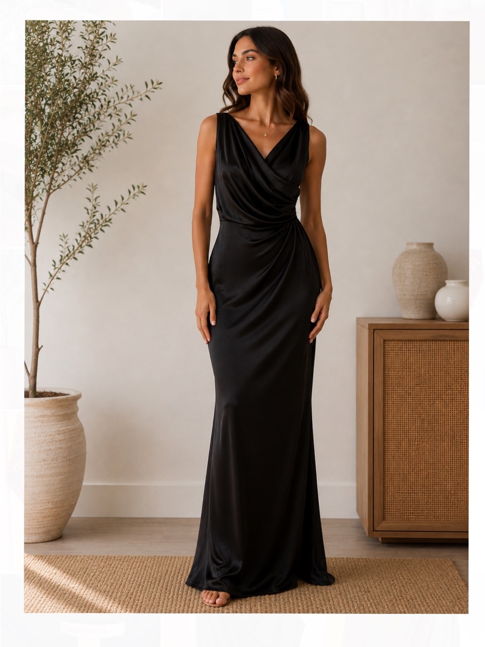 MNG suit- Elegant Black Draped V-Neck Evening Gown